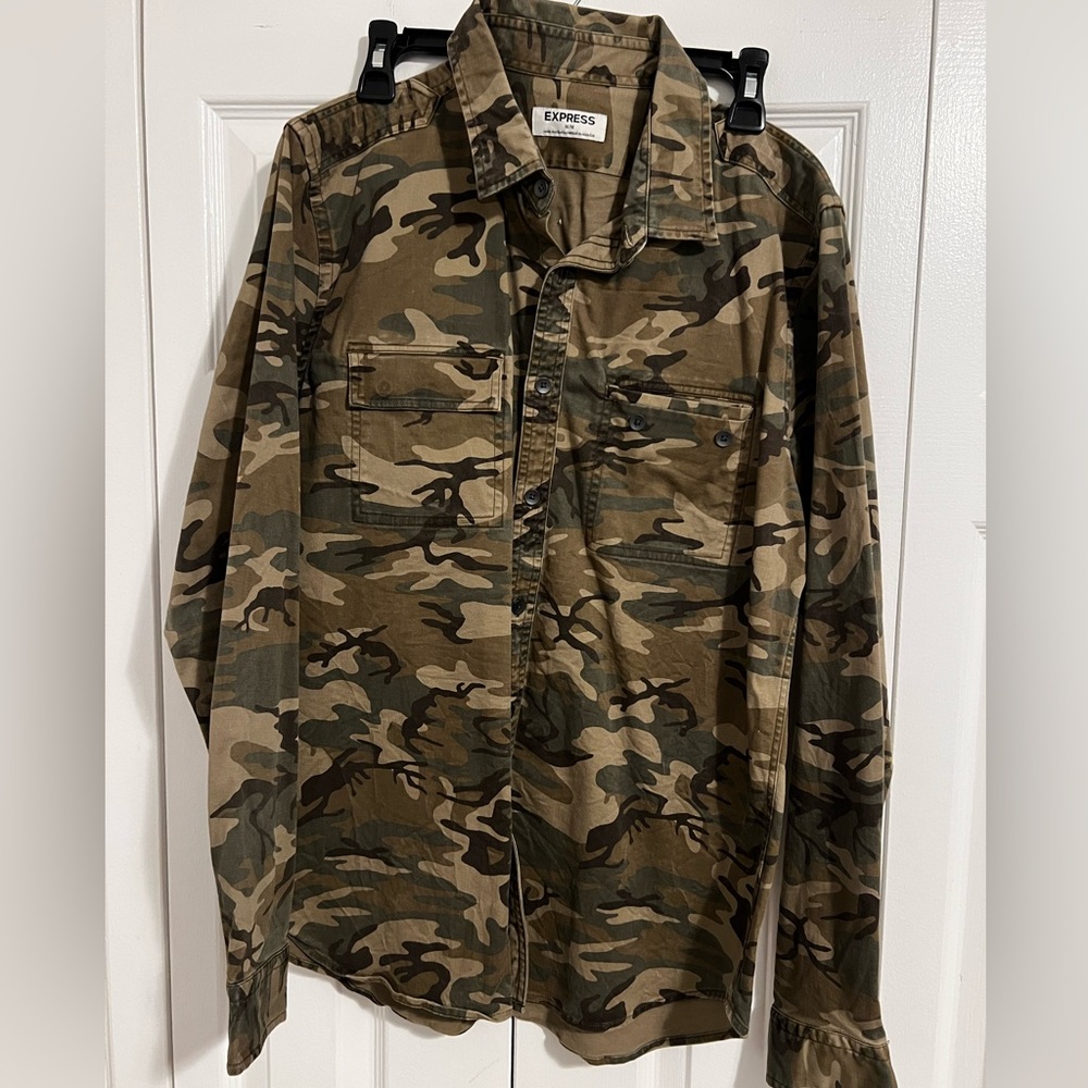 Express camouflage button down long sleeve shirt. Size medium.